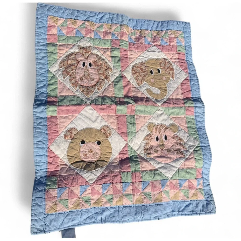 Vintage Baby Quilt Animal Patchwork Elephant Lion Pastel Crib Blanket